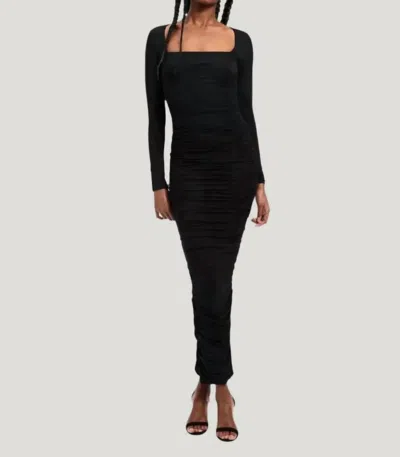 Good American Ruched Square Neck Long Sleeve Body-con Dress In Black