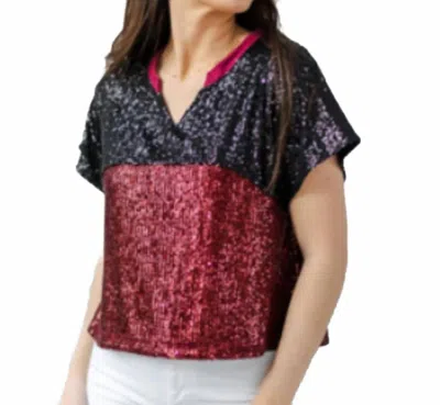 Mary Square Diane Sequin Gameday Top In Garnet & Black