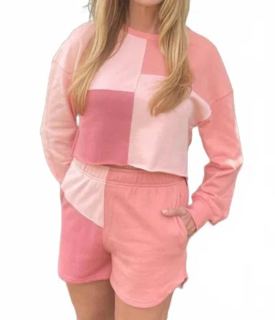 La Society Colorblock Patchwork Long Sleeve Top And Shorts Set In Pink