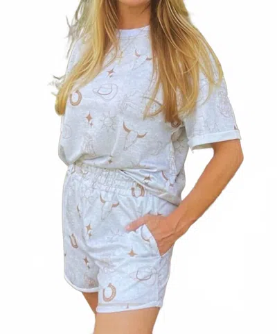La Society Western Fashion Printed T-shirt And Elastic Waist Shorts Set In Blue