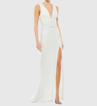 Mac Duggal V-neck Sequin Wrap Waist Gown In White In White