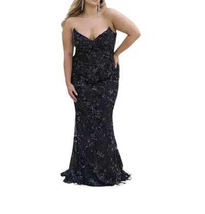 Primavera Strapless V Neck Prom Dress In Black In Black