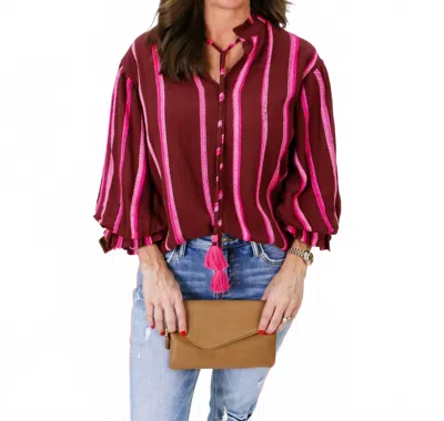 Ivy Jane Balloon Sleeve Stripe Top In Wine