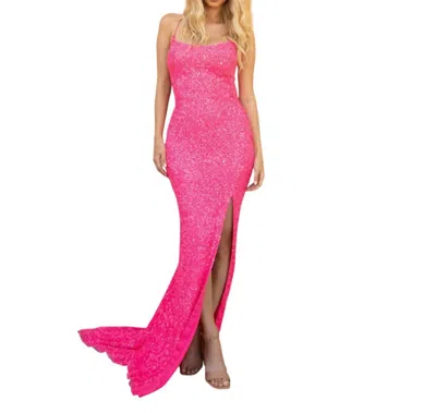 Primavera Strap Back Sequin Fitted Gown In Neon Pink In Pink