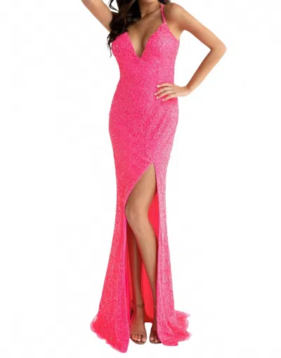 Primavera Criss Cross Prom Dress In Neon Pink In Pink