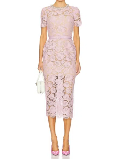 Self-portrait Pink Crewneck Midi Dress With All-over Lace Embroidery And Jewel Embellishment On The Collar In Cott