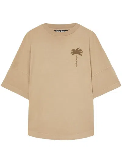Palm Angels Beige Cotton T-shirt With Palm Print And Logo