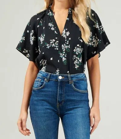 Sugarlips Magnolia Floral Ruffle Split Neck Blouse In Black In Black