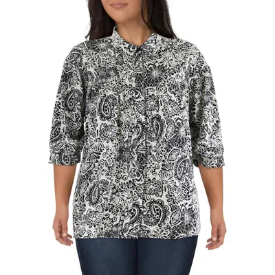 Gracia Plus Womens Printed Chiffon Button-down Top In Black