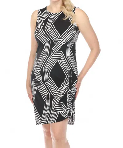 Joseph Ribkoff Geometric Print Shirred Sleeveless Sheath Dress In Black/vanilla In Black