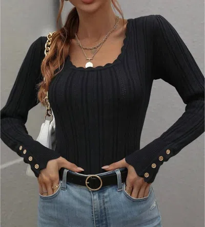Miss Sparkling Brooke Long Sleeve Ribbed Top With Button Detail In Black In Black