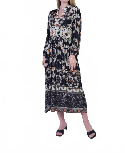 Shana Apparel Sunflower Gather Bodice Long Sleeve Dress In Black In Multi
