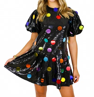 Queen Of Sparkles Sequin Poof Sleeve Rainbow Paillette Dress In Black In Black
