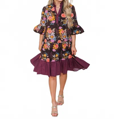 Ivy Jane Flirty Mini Dress In Cocoa & Blooms In Blue