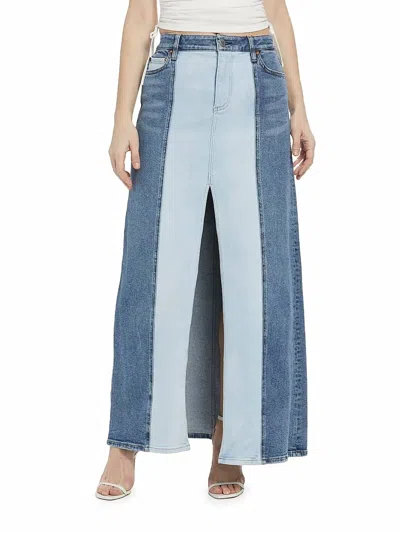 Alice And Olivia Rye Low-rise Two-tone Denim Maxi Skirt In Brooklyn Blue