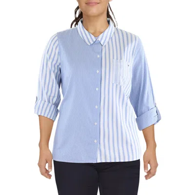 Tommy Hilfiger Womens Striped Cotton Button-down Top In Blue