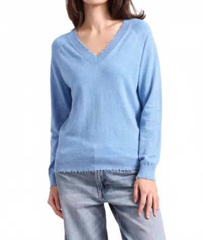Minnie Rose Cotton Cashmere Frayed Edge V Neck Sweater In Cameo Blue