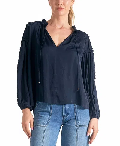 Elan Ruched Detail V-neck Blouse In Navy