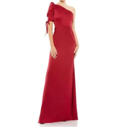 Mac Duggal Satin One Shoulder Puff Sleeve Trumpet Gown In Red