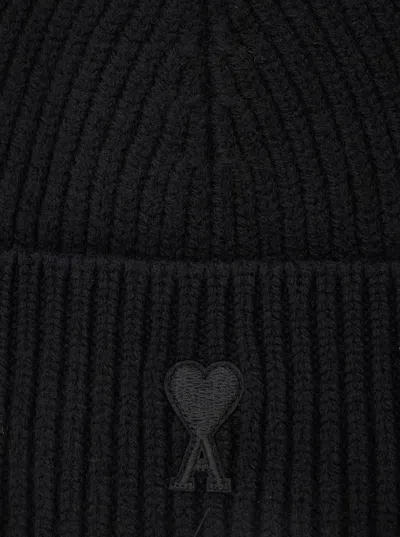 Ami Alexandre Mattiussi Ami Paris Black Ribbed Knit Beanie With Logo Embroidery On The Front In Wool Man