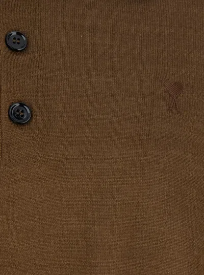 Ami Alexandre Mattiussi Ami Paris Men Brown Polo Shirt With Classic Collar And Logo Embroidery On The Front In Wool And Silk In Brown