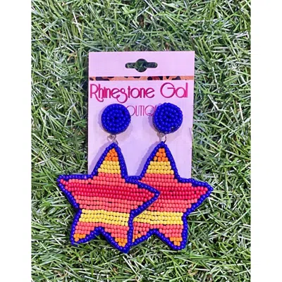 Zippity Do Dah Astros-inspired Striped Star Seed Bead Earrings In Orange, Yellow, Red, And Navy Seed
