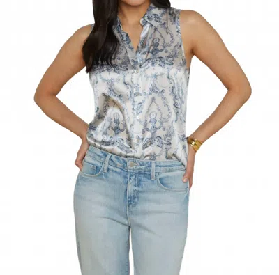 L Agence Emmy Sleeveless Silk Blouse In Vintage White Blue Scroll Canvas