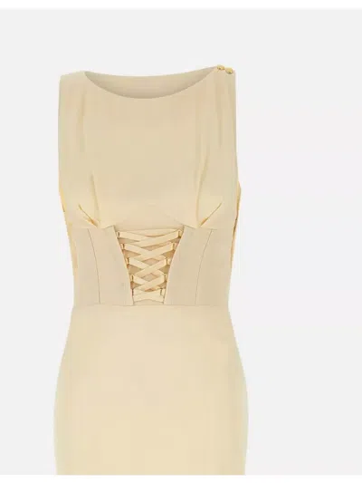 Elisabetta Franchi Boat Neckline Bustier Corset Midi Dress In Neutral
