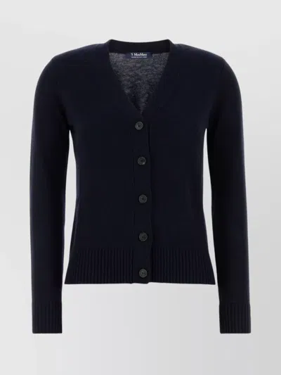 S Max Mara Wool V-neck Cardigan With Elbow Patches In Blue