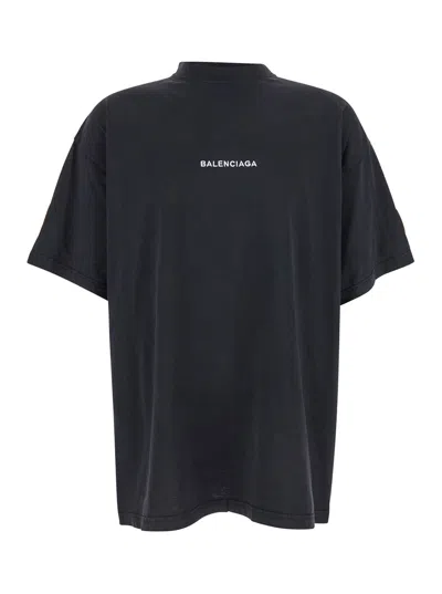 Balenciaga Black Crewneck T-shirt With Logo Lettering On The Front And Logo Patch On The Sleeve In Cotton Man