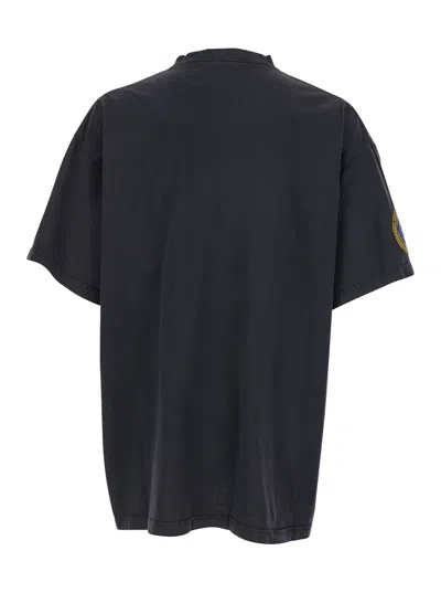 Balenciaga Black Crewneck T-shirt With Logo Lettering On The Front And Logo Patch On The Sleeve In Cotton Man