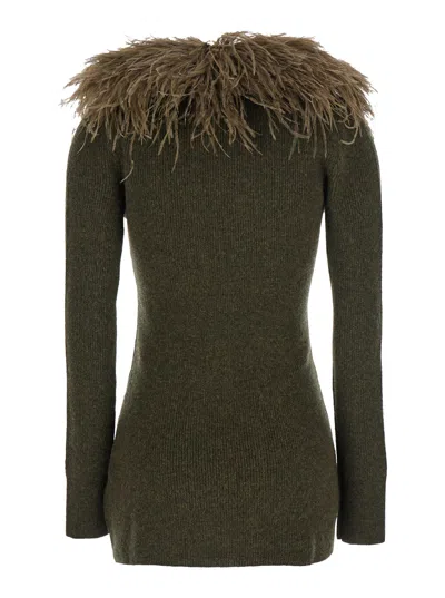 Blumarine Green Cardigan With Removable Feather Collar In Wool Woman