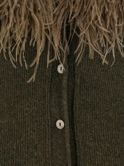 Blumarine Green Cardigan With Removable Feather Collar In Wool Woman