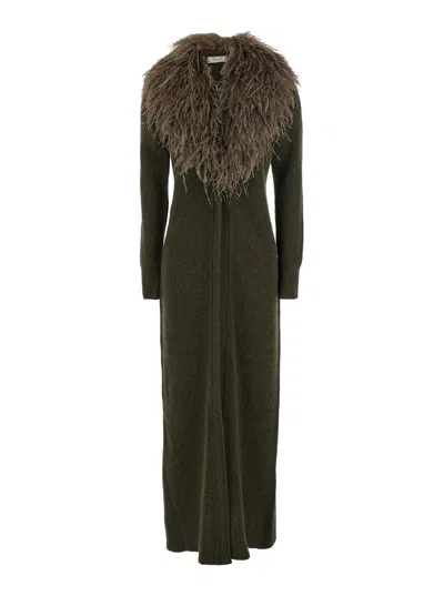 Blumarine Green Long Dress With Removable Feather Collar In Wool Woman In Green