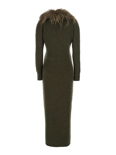 Blumarine Green Long Dress With Removable Feather Collar In Wool Woman In Green