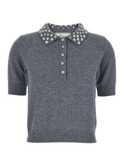 Blumarine Grey Polo Shirt  With Collar Beaded