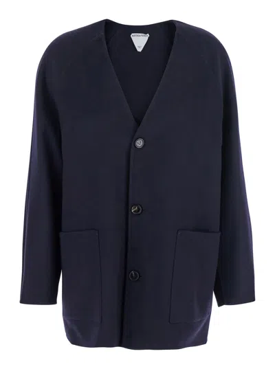 Bottega Veneta Blue Collarless Coat With Front Button Closure In Wool And Cashmere Woman
