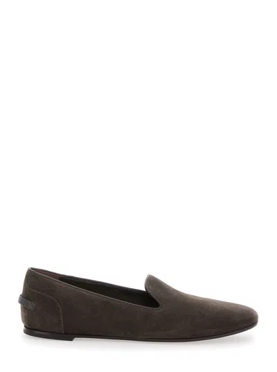 Brunello Cucinelli Grey Loafers With Monil Detail On The Rear