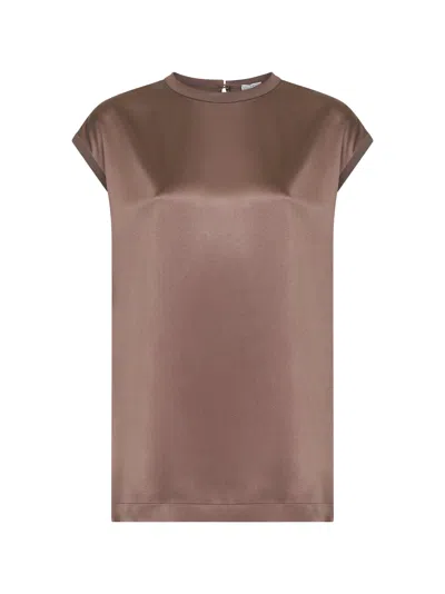Brunello Cucinelli Women Brown Stretch Silk Satin Monili Top In Brown