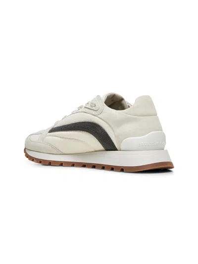 Brunello Cucinelli Women Grey Suede And Twill Precious Stripe Runners