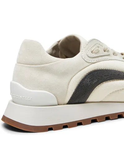 Brunello Cucinelli Women Grey Suede And Twill Precious Stripe Runners
