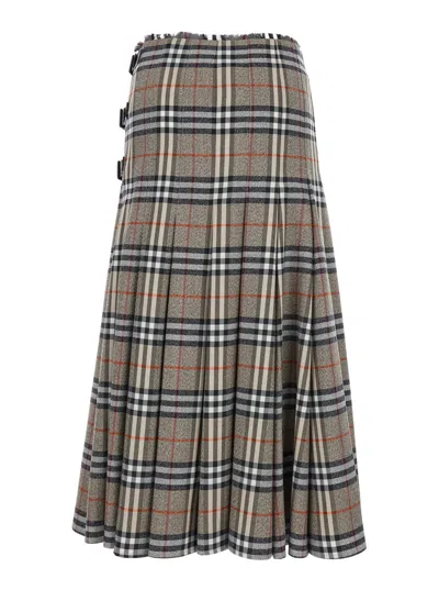 Burberry Beige Midi Skirt With Side Buckle Closure And All-over Check Motif In Wool Woman In Gray