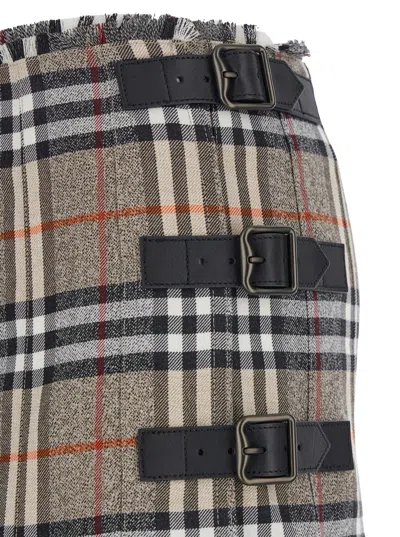 Burberry Beige Midi Skirt With Side Buckle Closure And All-over Check Motif In Wool Woman In Gray
