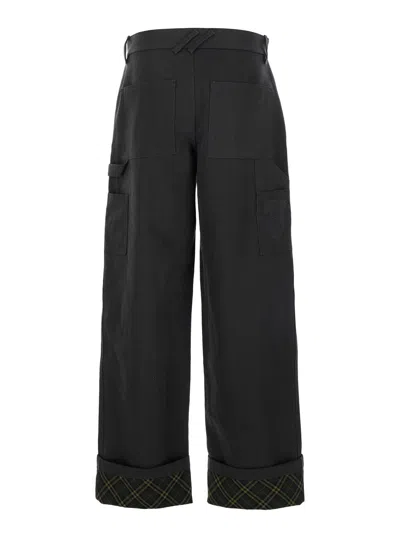 Burberry Black Pants With Logo Embroidery On The Side And Turn-up Checked Hem In Cotton Man In Black