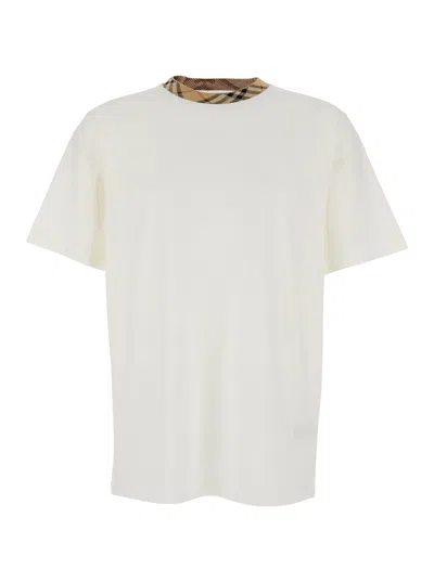 Burberry White Crewneck T-shirt With Check Motif On The Collar In Cotton Man In White