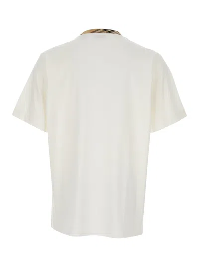 Burberry White Crewneck T-shirt With Check Motif On The Collar In Cotton Man In White