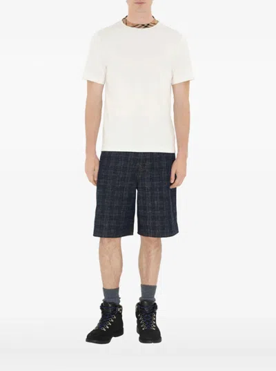 Burberry White Crewneck T-shirt With Check Motif On The Collar In Cotton Man In White