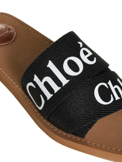 Chloé Woody Flat Logo Ribbon Slide Sandals In Black
