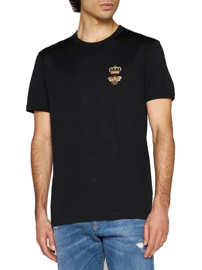 Dolce & Gabbana Embroidered Bee And Crown Cotton T-shirt In Black