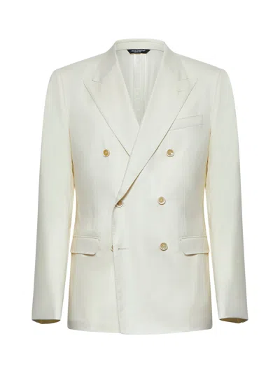 Dolce & Gabbana Men Ivory Flannel Double-breasted Blazer In White